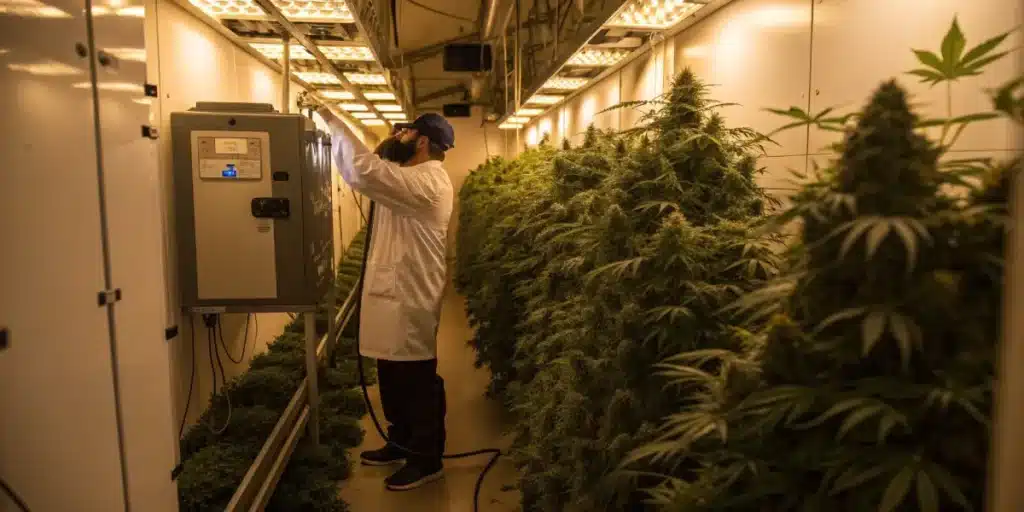 Commercial cannabis drying room with worker monitoring large rows of hanging cannabis plants under controlled lighting.
