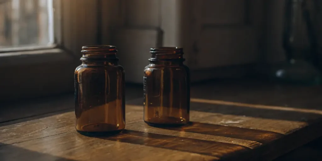 Empty amber glass jars for cannabis storage on wooden table in soft light.