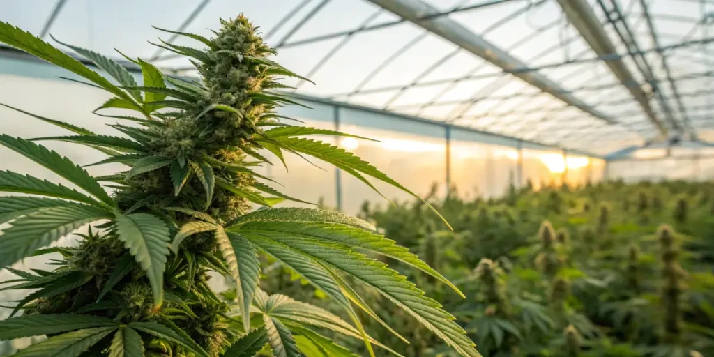 Flowering cannabis plant greenhouse sunlight with dense buds and green leaves illuminated by warm evening light.