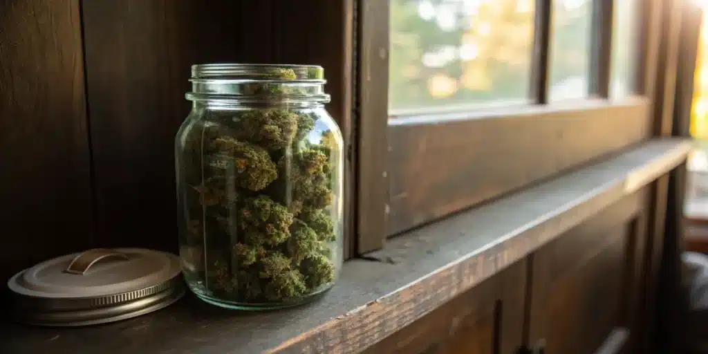 Glass jar filled with cannabis buds placed on wooden windowsill with sunlight.