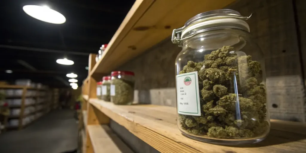 Glass jar filled with cannabis buds labeled and stored on wooden shelf.