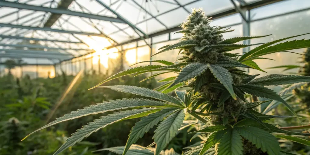 Greenhouse cannabis bud close up sunset with a resinous flowering plant illuminated by warm natural light.