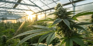 Greenhouse cannabis bud close up sunset with a resinous flowering plant illuminated by warm natural light.