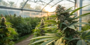 Greenhouse cannabis bud flowering stage with dense trichome-covered cola growing under warm natural sunlight.