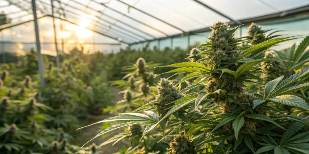 Greenhouse cannabis buds sunset light with mature plants producing dense flowers under warm natural sunlight.