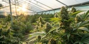 Greenhouse cannabis buds sunset light with mature plants producing dense flowers under warm natural sunlight.