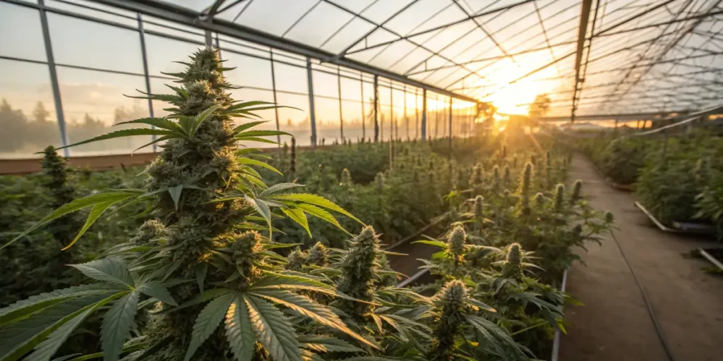 Greenhouse cannabis crop sunset harvest with rows of flowering plants illuminated by warm golden sunlight inside a large greenhouse.