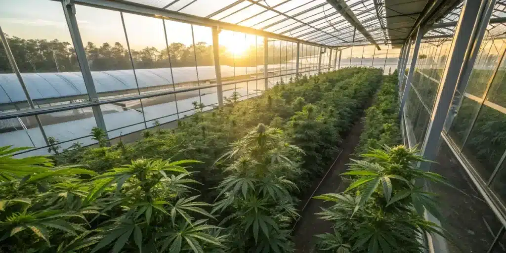 Greenhouse cannabis cultivation sunlight rows with plants growing in structured lines under natural light.