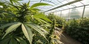 Greenhouse cannabis plant close up showing a healthy flowering cannabis plant under natural sunlight in a greenhouse.