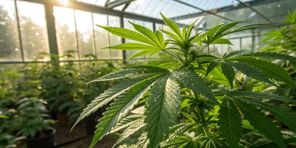 Greenhouse cannabis plant close up with dew on leaves and young buds growing under natural sunlight.