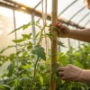 Greenhouse plant training support stake with gardener tying plant stem to bamboo stake in warm sunlight.