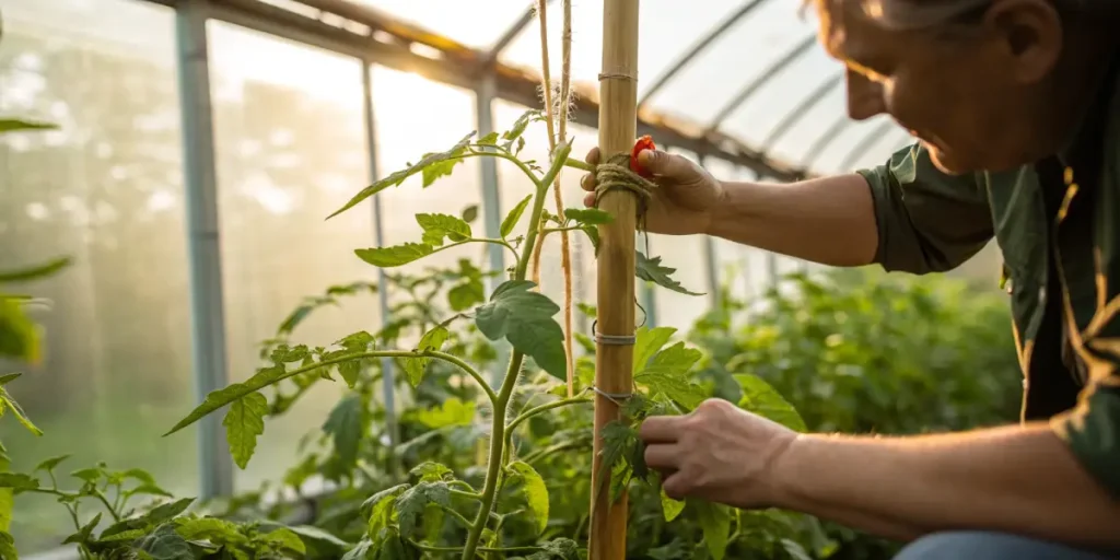Greenhouse plant training support stake with gardener tying plant stem to bamboo stake in warm sunlight.