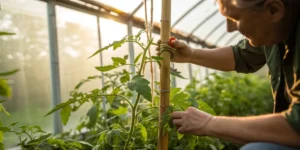Greenhouse plant training support stake with gardener tying plant stem to bamboo stake in warm sunlight.