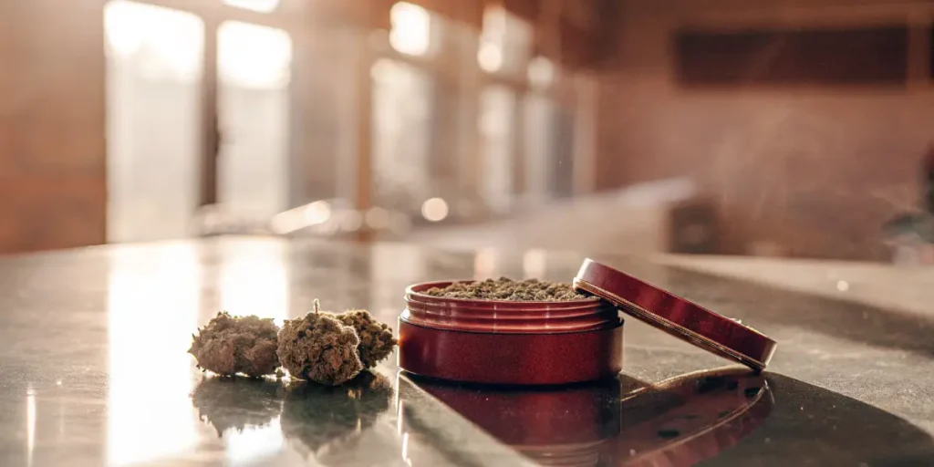 Ground cannabis in an open grinder with buds on a reflective surface in warm light.