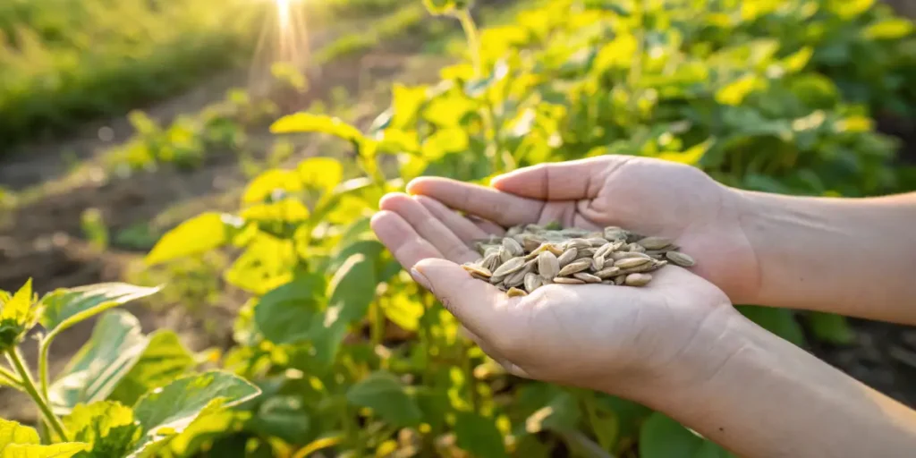 Hand holding seeds sunlight garden with seeds resting in palms surrounded by vibrant plants under golden sunlight.
