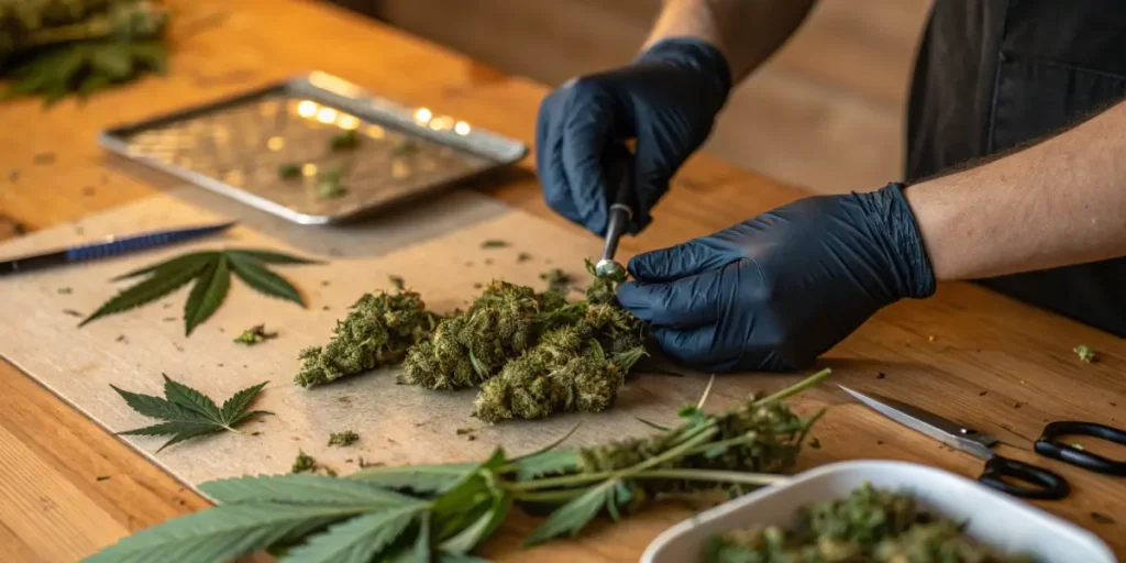 Gloved hands carefully trimming cannabis buds on a wooden table during post-harvest processing.