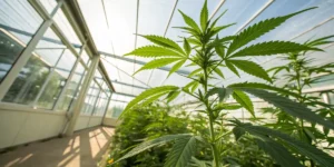 Healthy cannabis plant greenhouse grow showing a vigorous plant under natural sunlight in a controlled environment.