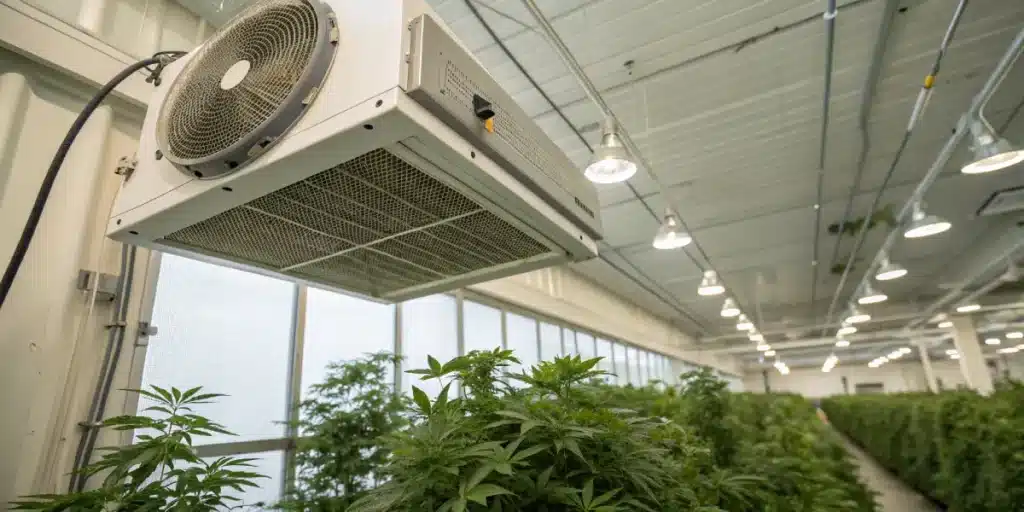 HEPA air filtration cannabis grow room unit mounted above rows of cannabis plants in a clean indoor facility.