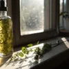Herbal infused cannabis oil bottle sunlight with plant material inside glass dropper container on windowsill.