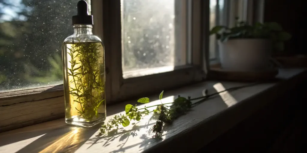 Herbal infused cannabis oil bottle sunlight with plant material inside glass dropper container on windowsill.