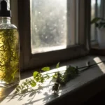 Herbal infused cannabis oil bottle sunlight with plant material inside glass dropper container on windowsill.