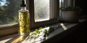 Herbal infused cannabis oil bottle sunlight with plant material inside glass dropper container on windowsill.