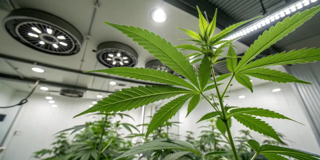 High tech indoor cannabis grow room with healthy cannabis plant under LED lights and advanced ventilation system.