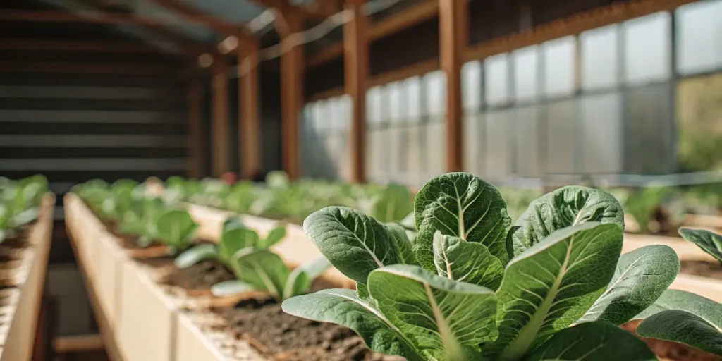 Hydroponic lettuce growing in greenhouse beds with rows of healthy green leaves under natural light.