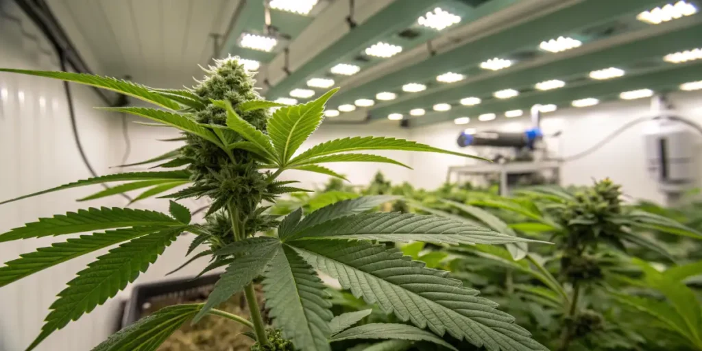 Indoor autoflower cannabis grow room with flowering cannabis plant under bright LED grow lights.