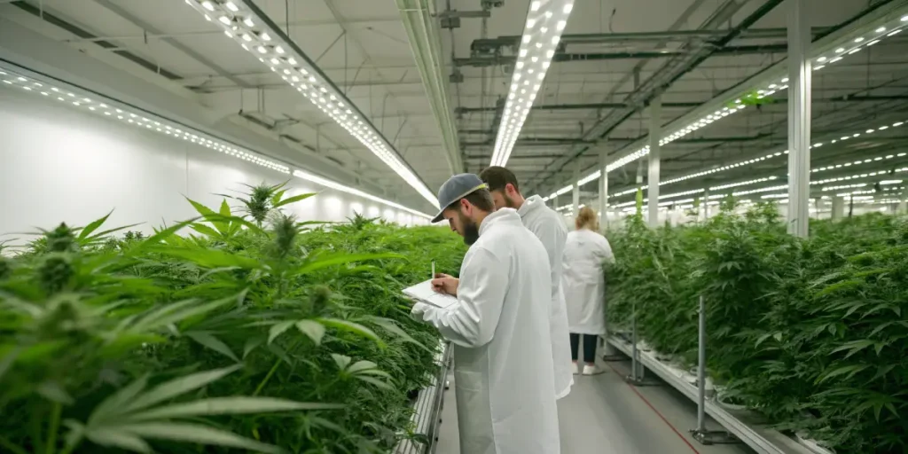 Indoor cannabis facility team monitoring plants with researchers taking notes in a controlled grow environment.