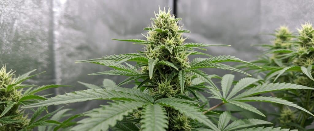 Indoor cannabis flower top cola with healthy foliage and developing pistils.