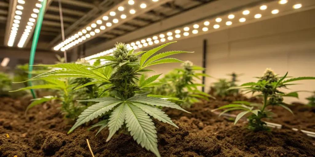 Indoor cannabis flowering stage LED lights with compact plants developing buds under strong artificial grow lights.