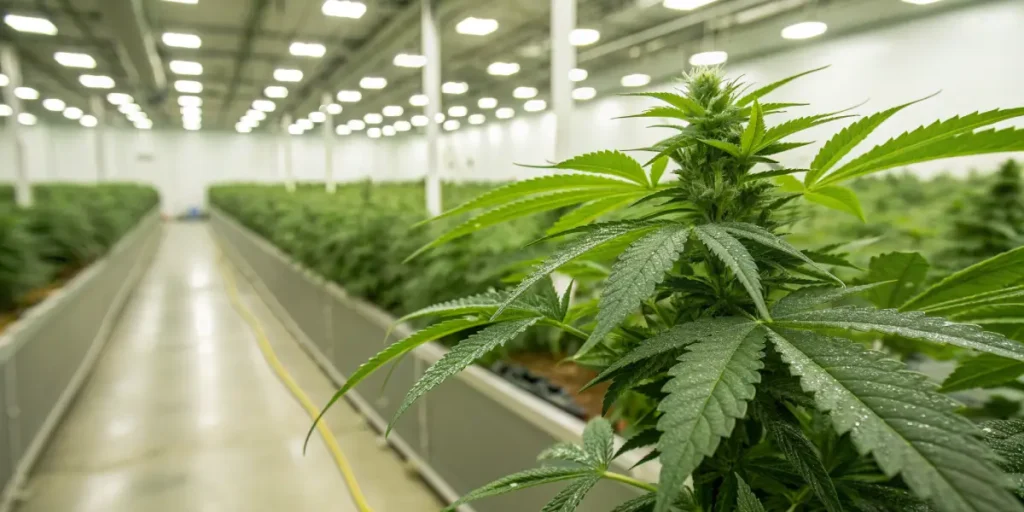 Indoor cannabis grow facility flowering plants with mature cannabis cola and rows of plants under bright LED lights.