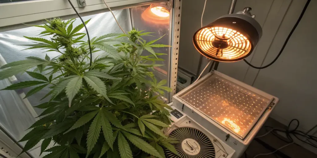 Indoor cannabis grow heat lamp lighting illuminating a plant in a compact controlled growing environment.