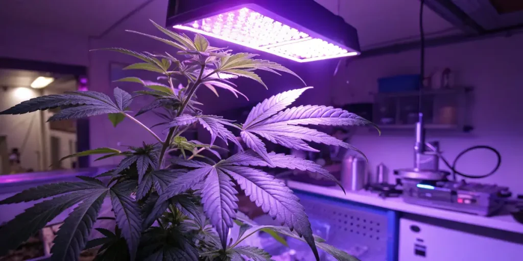 Indoor cannabis grow LED lighting system illuminating a plant in a controlled environment with purple grow lights.