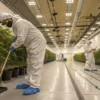 Indoor cannabis grow room cleaning with workers in protective suits maintaining a sterile cultivation facility.