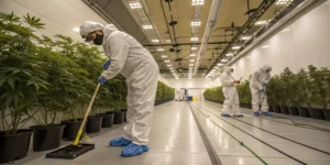Indoor cannabis grow room cleaning with workers in protective suits maintaining a sterile cultivation facility.