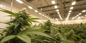 Indoor cannabis grow room flowering plants with large buds under bright ceiling lights in a controlled facility.