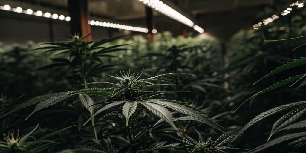 Indoor cannabis plants in a grow room under LED lighting during the flowering stage
