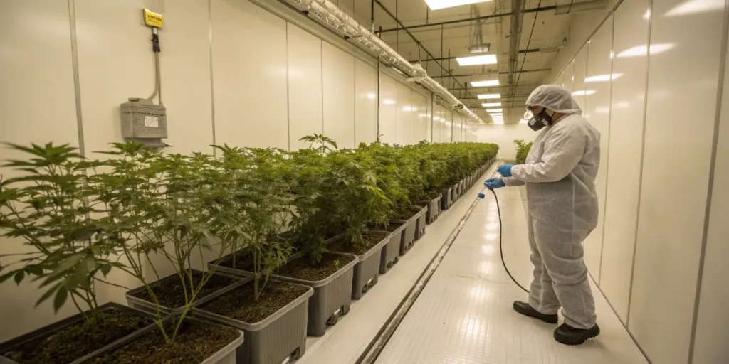 Indoor cannabis grow room maintenance with worker in protective suit spraying rows of cannabis plants in a clean cultivation facility.