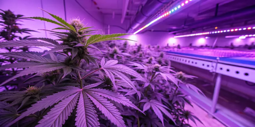 Indoor cannabis grow room purple LED lighting with multiple plants in flowering stage under controlled conditions.