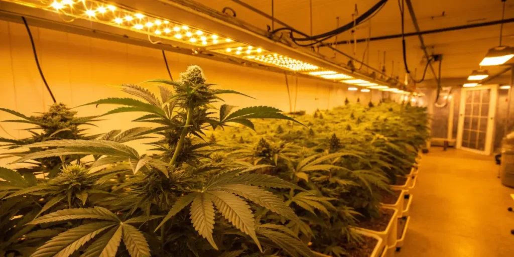 Indoor cannabis grow room warm lighting with rows of plants under high-intensity lamps in flowering stage.