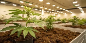 Indoor cannabis grow young plants soil with healthy cannabis plants growing in pots under bright artificial lighting.