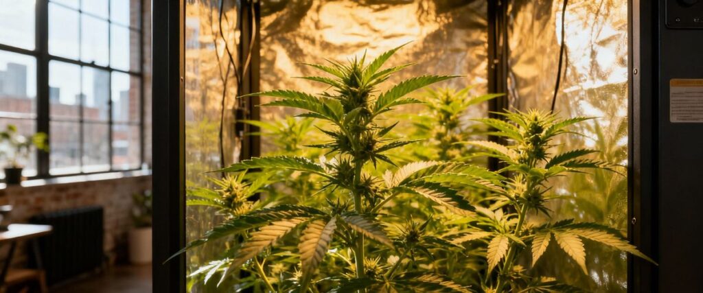 Tall cannabis plants growing inside a reflective indoor grow cabinet.