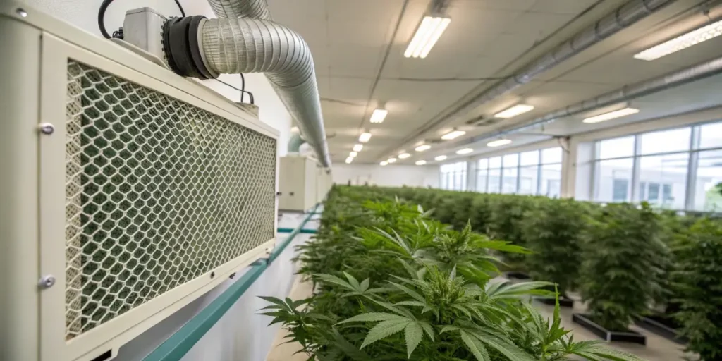 Industrial air filtration cannabis cultivation system with ducting and filters running beside rows of indoor cannabis plants.