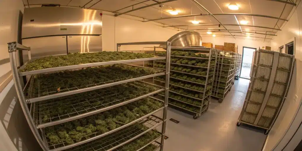 Industrial cannabis drying racks filled with harvested cannabis buds inside a professional drying facility.