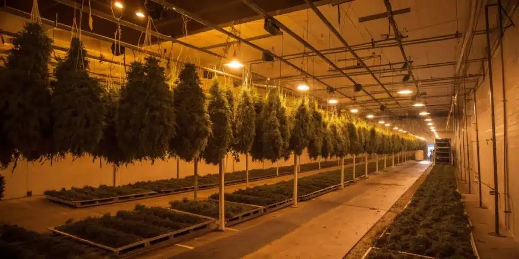 Large-scale cannabis drying room with rows of hanging plants under warm lighting.