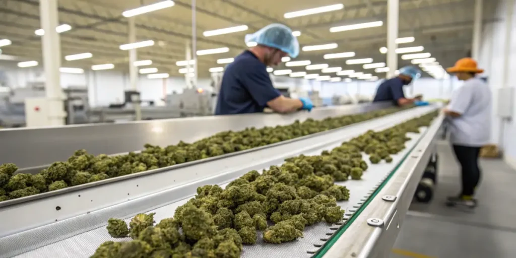 Cannabis buds moving on conveyor belt with workers sorting in industrial facility.