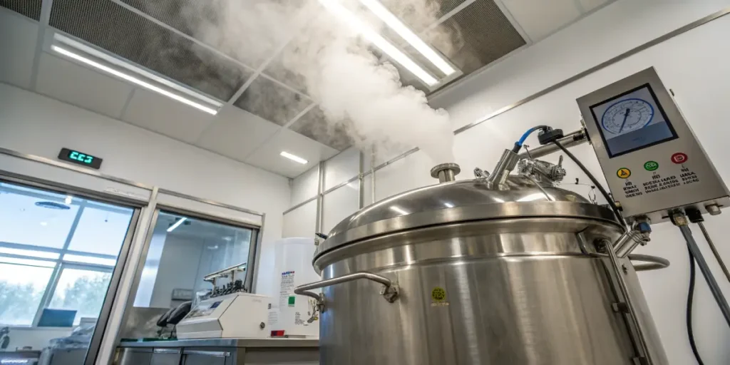 Laboratory autoclave sterilization equipment releasing steam inside a clean scientific lab environment.