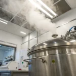 Laboratory autoclave sterilization equipment releasing steam inside a clean scientific lab environment.